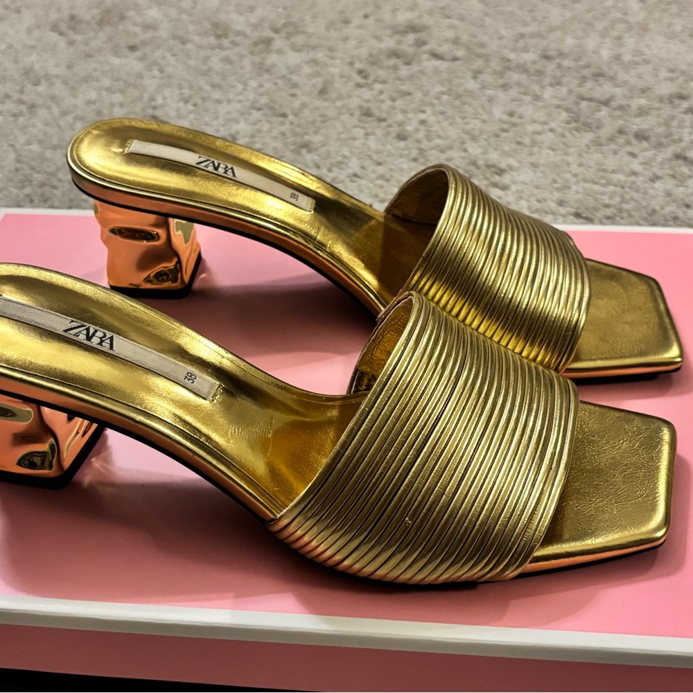 Zara Metallic Gold Heeled Slides